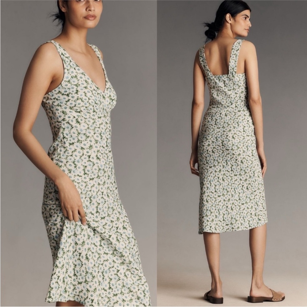 Reformation Beauden Sleeveless V Neck Crepe Midi Dress White Green Floral M